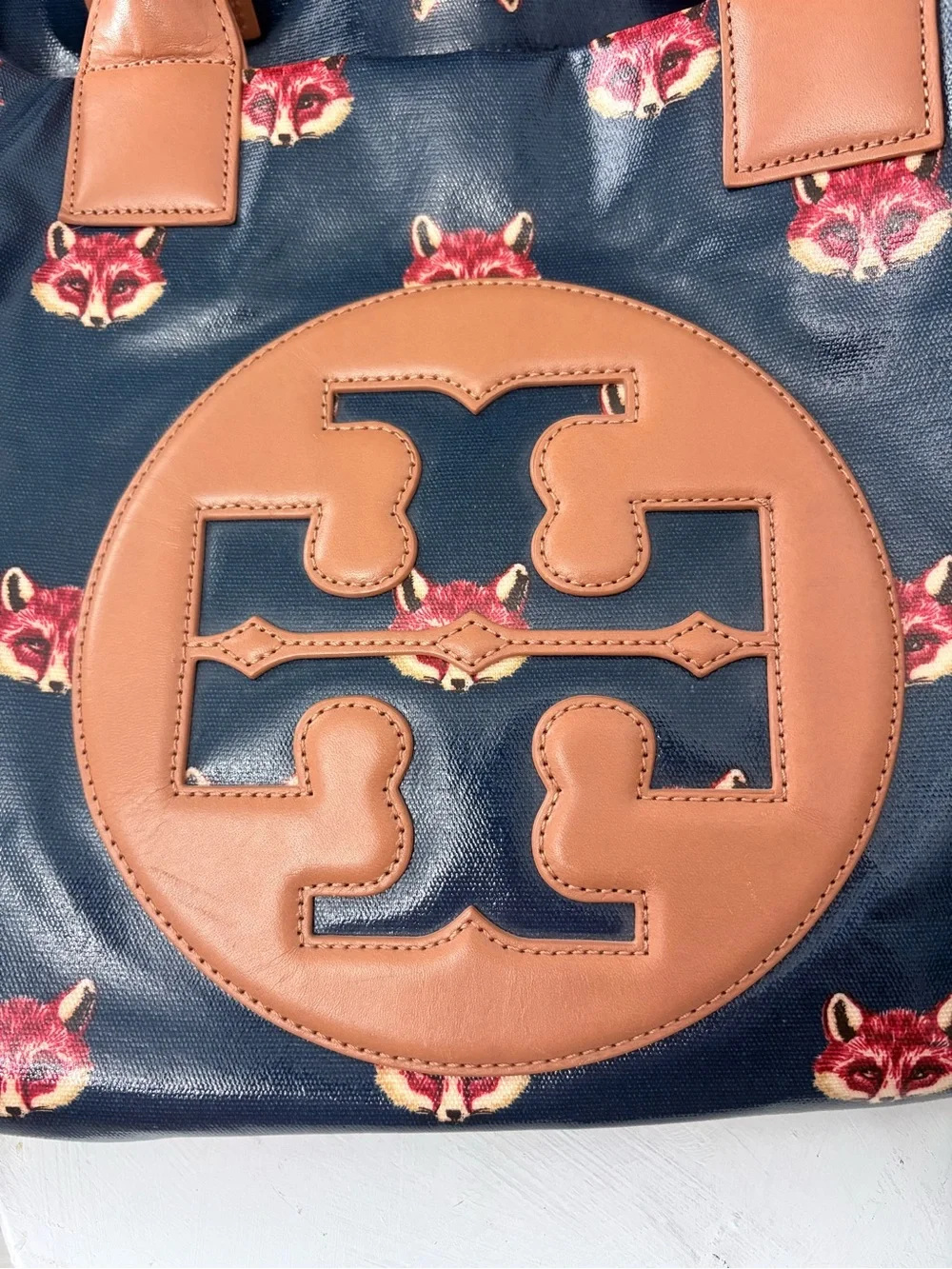 TORY BURCH “Retired” Vintage Navy Large Tote with Brown Trim and Fox Motif Print